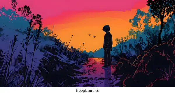 Silhouette of a Person Standing by a Creek at Sunset