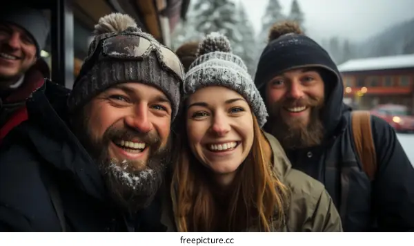 Three friends on a snowy day