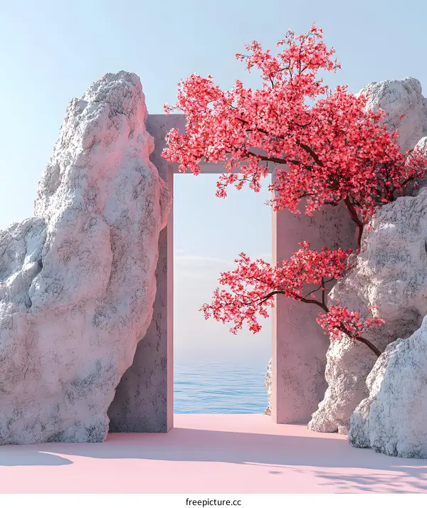 Minimalist Pink Blossom Tree and Stone Archway with Ocean View