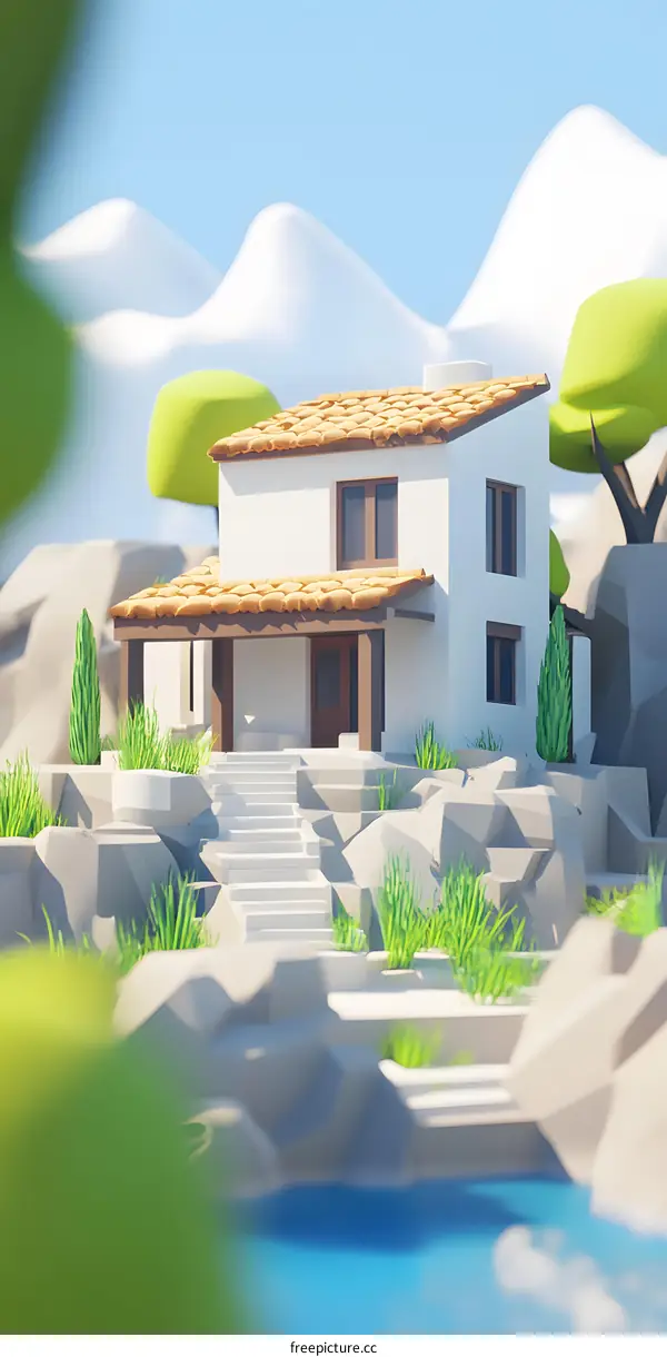 Low Poly 3D House Model Render with Blue Water and Green Plants
