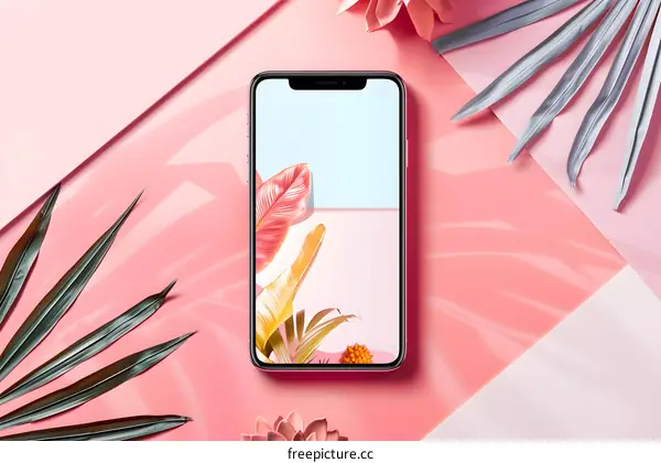 Pink Background Phone With Tropical Leaves