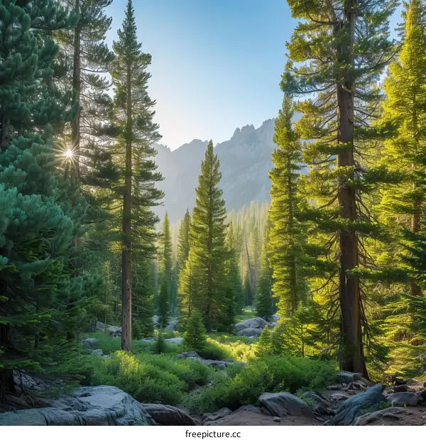The sun shines through the tall pine trees in the forest