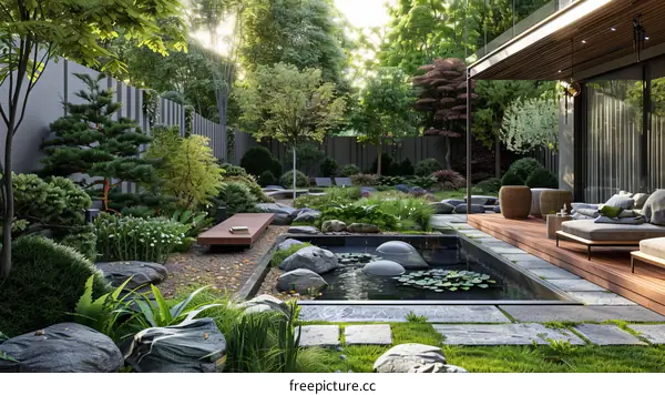 Tranquil Courtyard with Pond and Seating Area