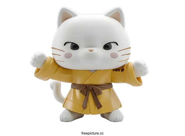 [Transparent Background PNG]A cute white cat wearing a yellow karate uniform