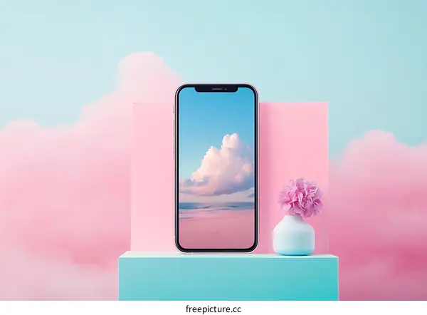 Pink and Blue Minimalist Phone Background with Beach Scene