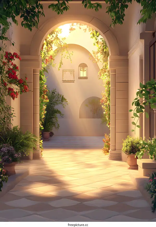 Stone Archway Leading to Sunlit Courtyard