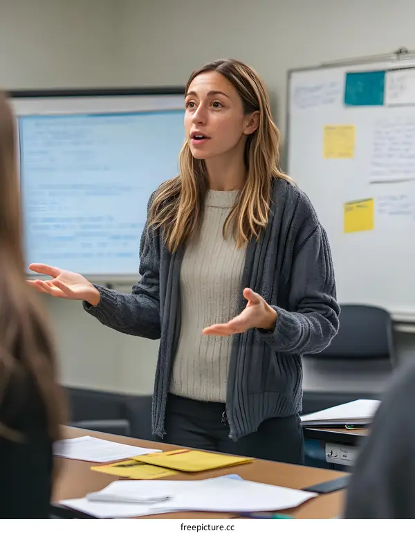 Young Woman Leading a Presentation or Discussion in a Classroom
