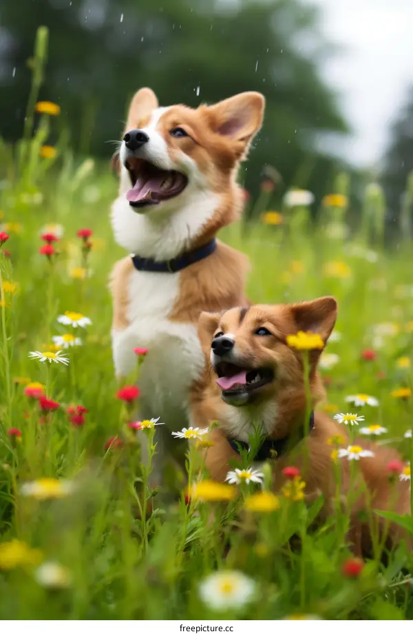 Two Corgis in a Field of Flowers