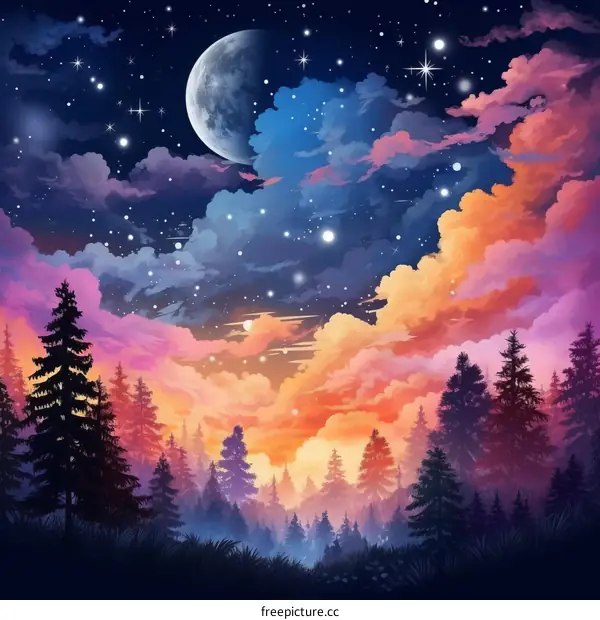 A beautiful landscape of a forest with a starry night sky and a crescent moon