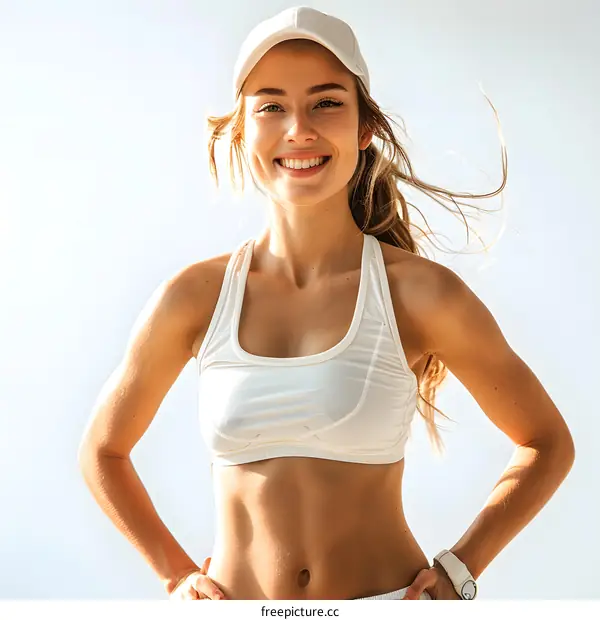 portrait of a young smiling woman in a white sports bra and cap