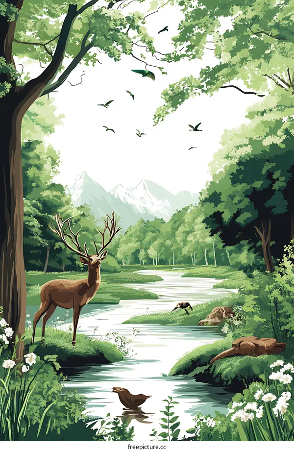Forest River Landscape Illustration With Deer And Birds