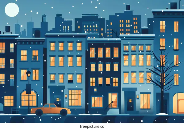 Snowfall in Cityscape with Cozy Buildings