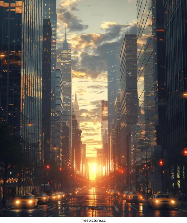 Cityscape Sunset Street View with Cars and People