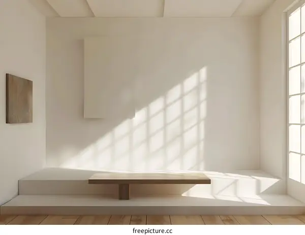 Minimalist White Room with Wooden Bench and Sunlight