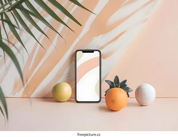 Minimalist Phone Mockup with Palm Leaf and Fruit