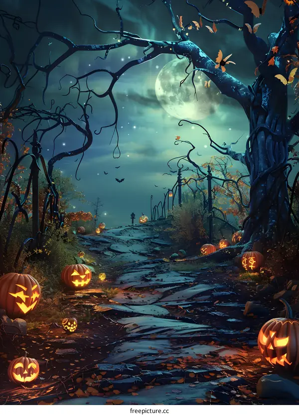 Spooky Halloween night background with pumpkins and bats
