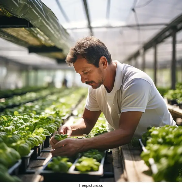 Male farmer checking the quality of the basil plants in a greenhouse