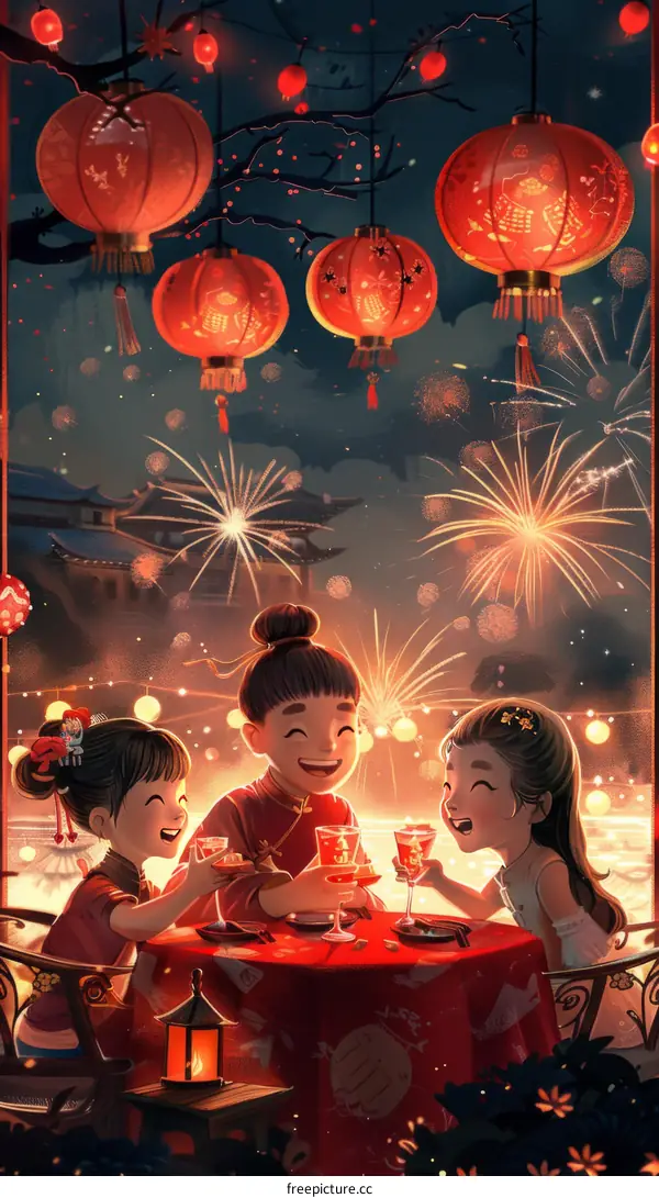 Three Chinese girls celebrating Chinese New Year