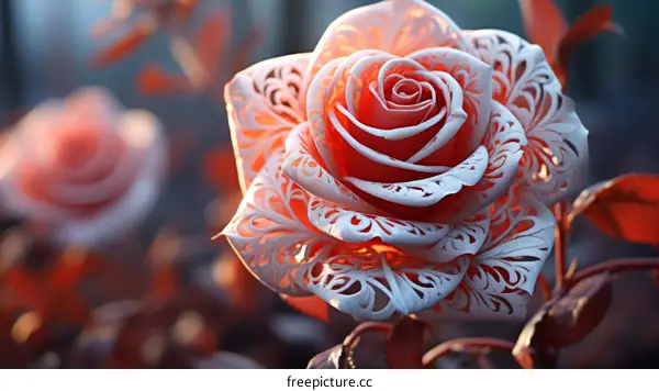 Red rose with intricate white lace-like petals