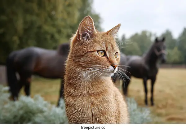 Ginger Cat Observing Horses in a Field