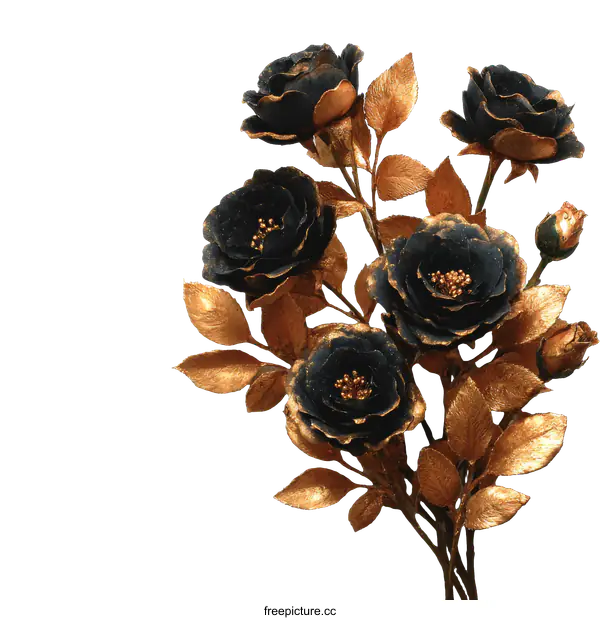 [Transparent Background PNG]Black and Gold Roses Bouquet Illustration