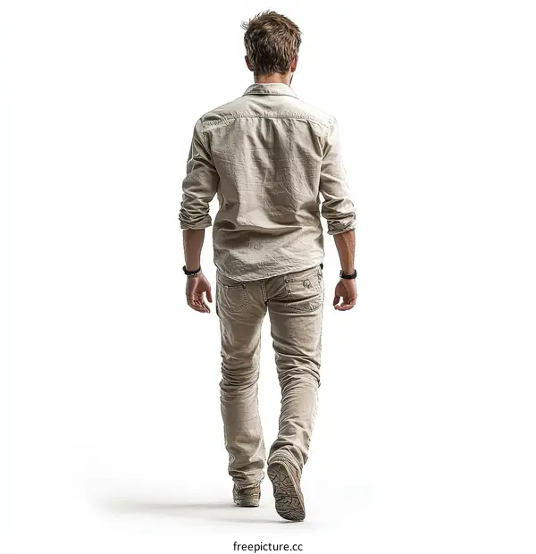 Man Walking in Beige Shirt and Pants on White Background
