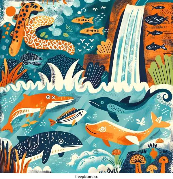 Underwater World Illustration With Ocean Creatures And Waterfall