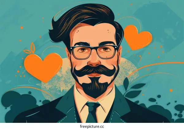 Illustration of a man with a mustache and beard wearing a suit and tie