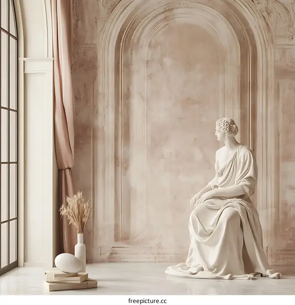 Marble Statue in a Classical Interior with Arched Windows