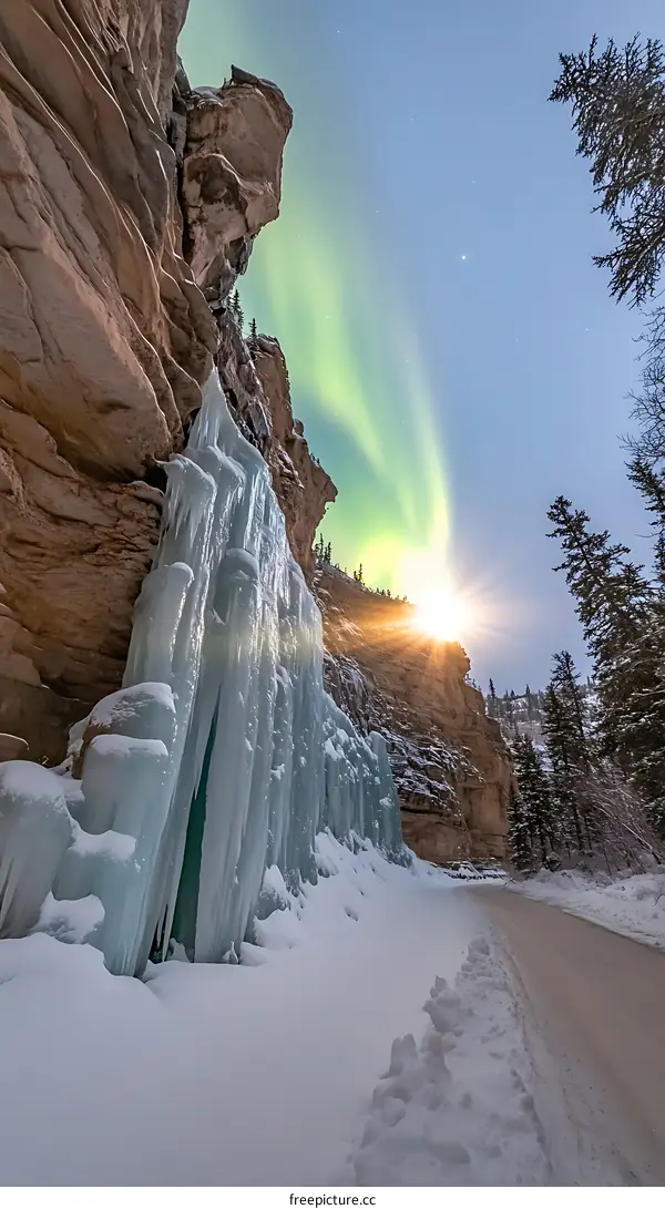 Northern Lights Over Frozen Waterfall and Snow Covered Road in Canyon