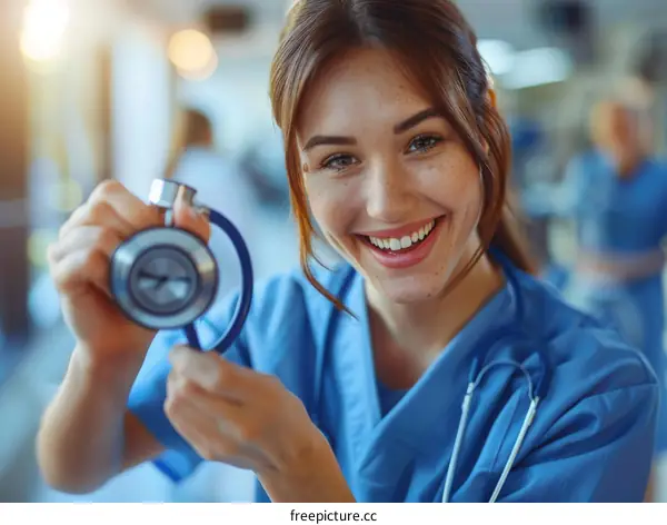Portrait of a smiling female doctor or nurse holding a stethoscope