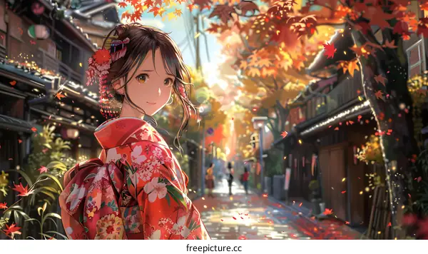 An anime-style girl with brown hair wearing a red kimono with white and pink flowers stands in a street with red maple leaves falling.
