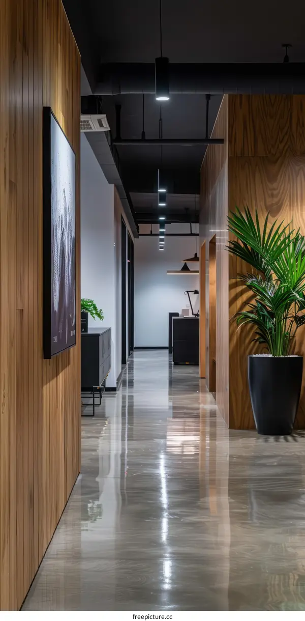 Office hallway with wood walls and concrete floor