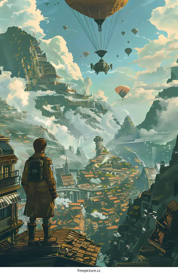 Fantasy Cityscape with Hot Air Balloons and a Man Looking Out at the View