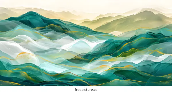 Abstract Green and Gold Mountains Landscape Painting