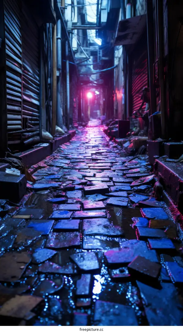 A dark and narrow alleyway with blue and purple neon lights reflecting off the wet cobblestone ground