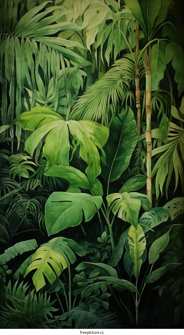 A verdant illustration of a dense jungle with lush foliage