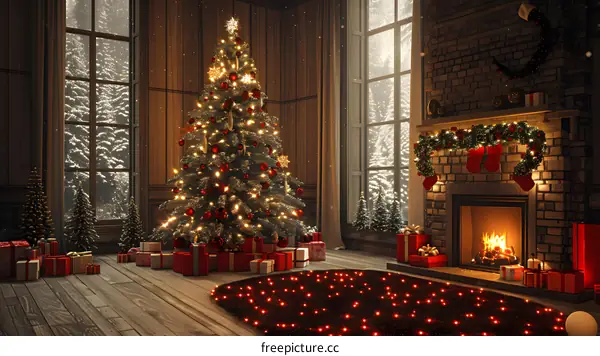 Christmas tree in front of fireplace
