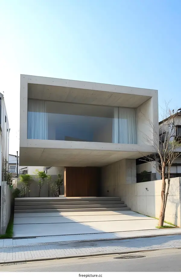 Modern Concrete House with Large Windows and Wooden Door