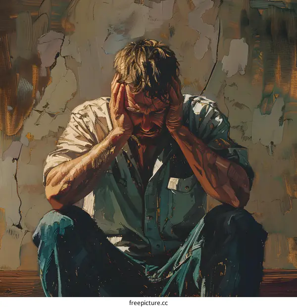 A man is sitting on the floor with his hands on his head