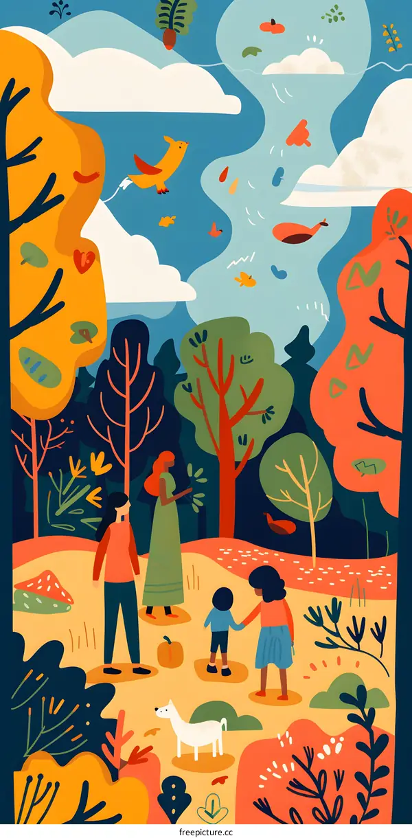 Family Autumn Walk In The Forest Illustration