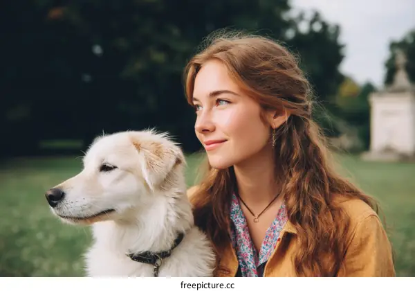Woman and Dog in Park Outdoor Scene