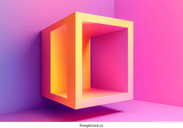 Abstract Yellow Cube in a Gradient Pink Room