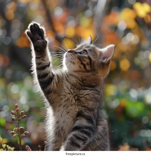 A Cute Tabby Kitten Reaching Up to the Sky