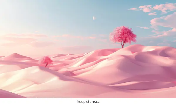 Pink desert with pink trees and a moon