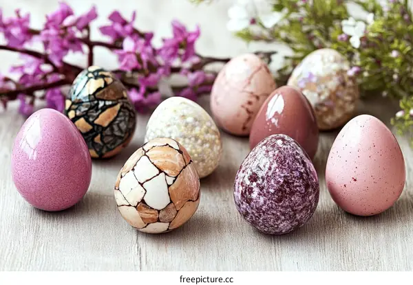 Colorful Decorative Easter Eggs on Wooden Table