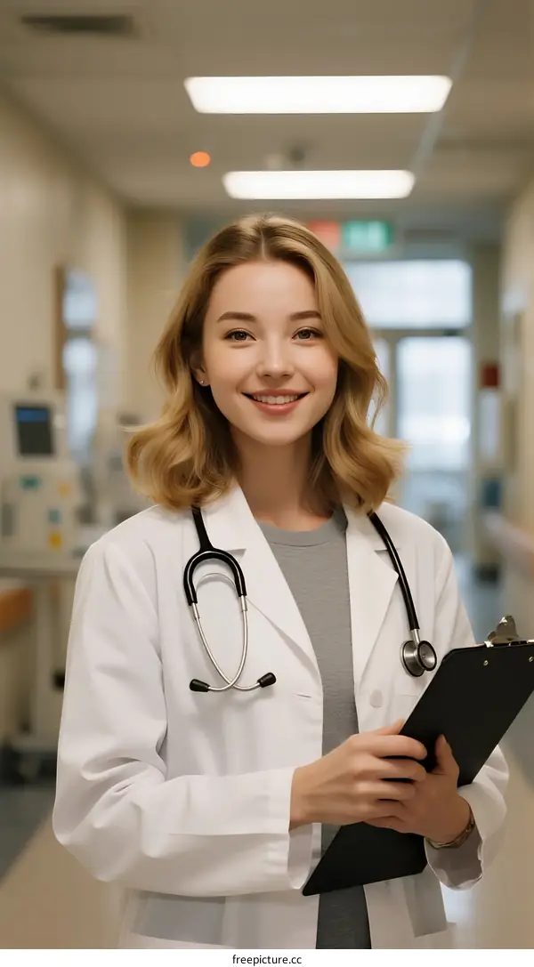 Young Female Doctor Standing in Hospital Corridor with Clipboard