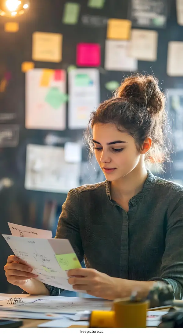 Young Woman Working In Office Looking At Papers