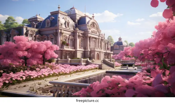 A beautiful mansion with a pink flower garden