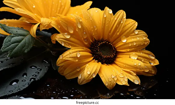 Yellow flower with water drops on black background